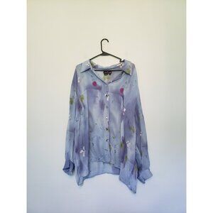 Carole Little Womens Plus 22 Shirt Blue Floral Button Front Sheer Rayon Spring